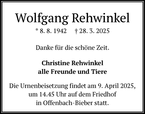 Todesanzeige von Wolfgang Rehwinkel von OF
