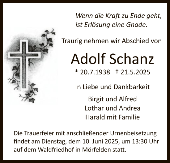 Todesanzeige von Adolf Schanz von OFMF