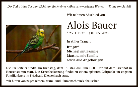 Todesanzeige von Alois Bauer von OF