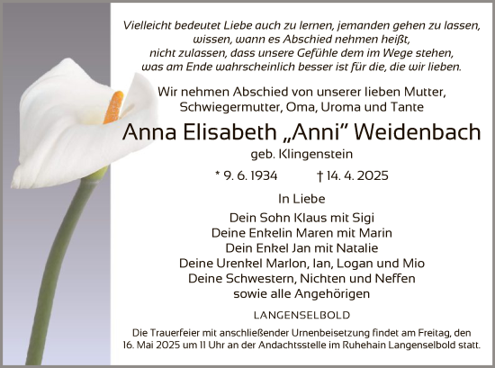 Todesanzeige von Anna Elisabeth Weidenbach von OF