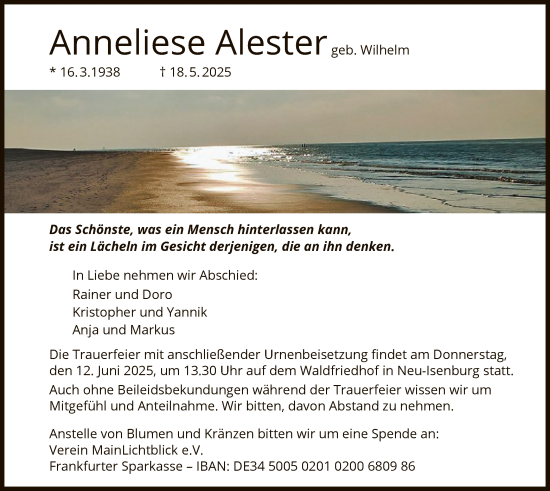 Todesanzeige von Anneliese Alester von OFOP