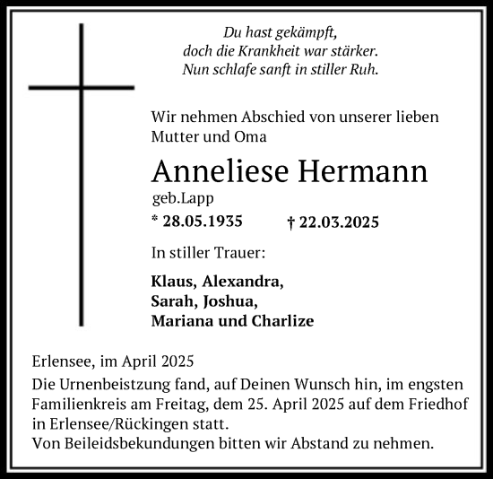 Todesanzeige von Anneliese Hermann von OF