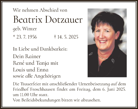 Todesanzeige von Beatrix Dotzauer von OF0L
