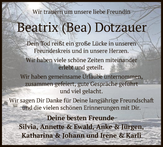 Todesanzeige von Beatrix Dotzauer von OF0L