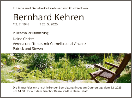 Todesanzeige von Bernhard Kehren von OFHA