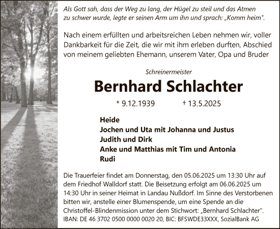 Todesanzeige von Bernhard Schlachter von OFMF