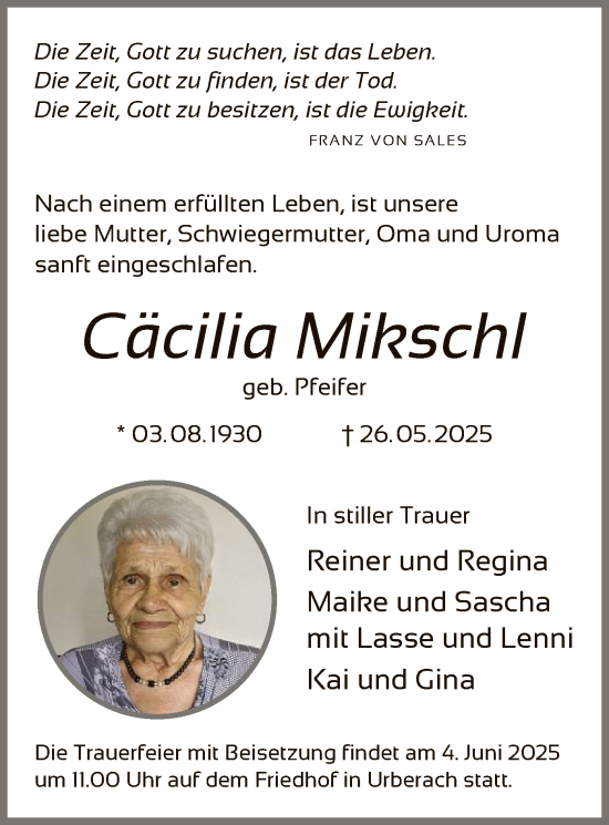 Todesanzeige von Cäcilia Mikschl von OF0L