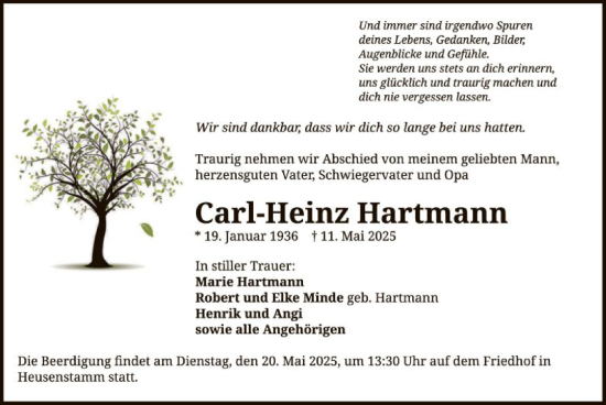 Todesanzeige von Carl-Heinz Hartmann von OF