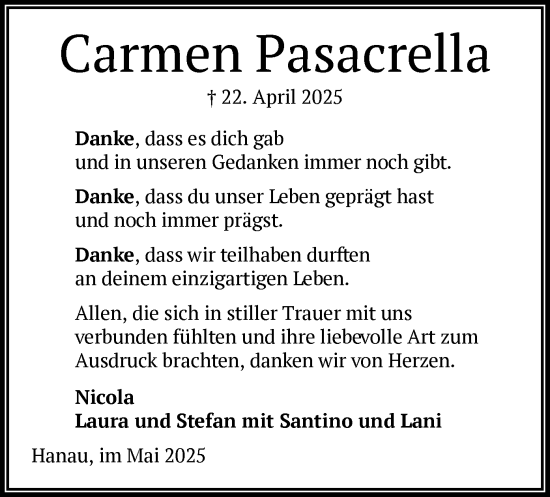 Todesanzeige von Carmen Pasacrella von OFHA