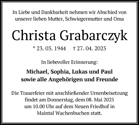 Todesanzeige von Christa Grabarczyk von OF