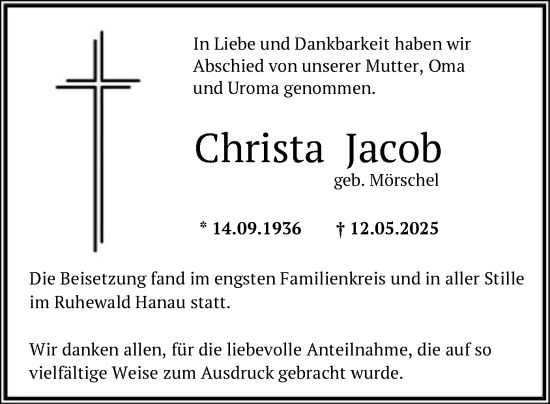 Todesanzeige von Christa Jacob von OFHA