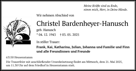 Todesanzeige von Christel Bardenheyer-Hanusch von OF