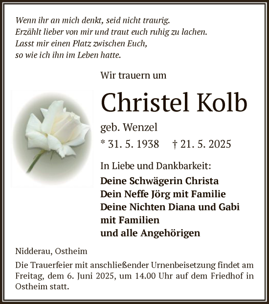 Todesanzeige von Christel Kolb von OFHA