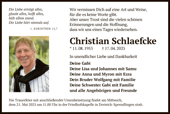 Todesanzeige von Christian Schlaefcke von OF