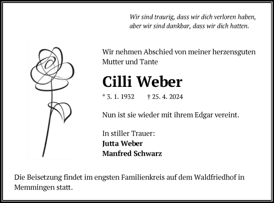 Todesanzeige von Cilli Weber von OF