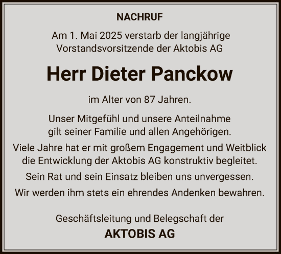Todesanzeige von Dieter Panckow von OFOF