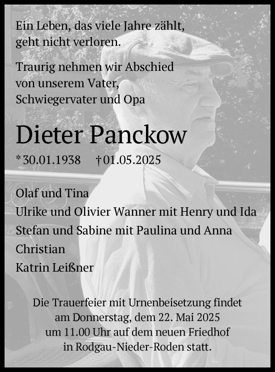 Todesanzeige von Dieter Panckow von OF
