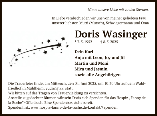 Todesanzeige von Doris Wasinger von OFOP