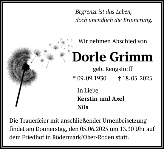 Todesanzeige von Dorle Grimm von OF0L