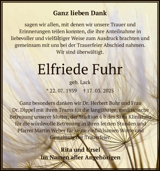 Todesanzeige von Elfriede Fuhr von OF