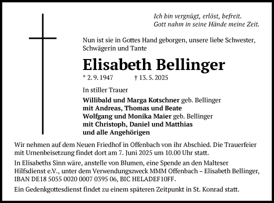 Todesanzeige von Elisabeth Bellinger von OFOP