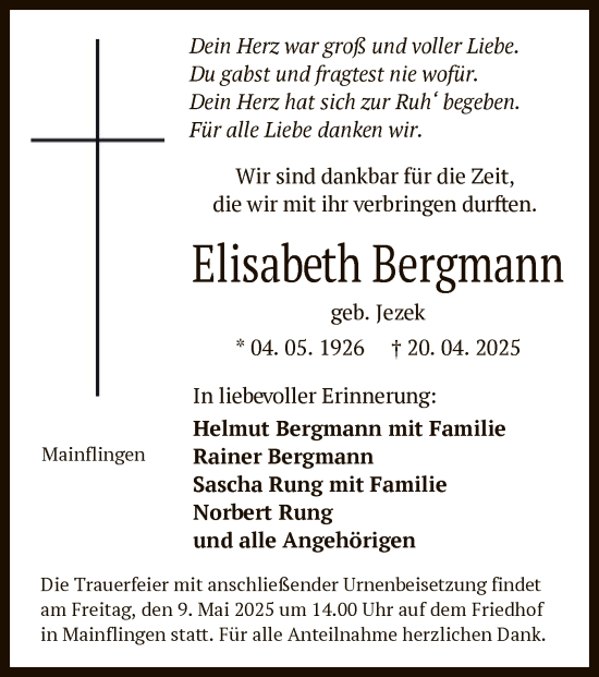 Todesanzeige von Elisabeth Bergmann von OF