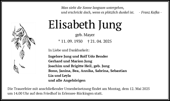 Todesanzeige von Elisabeth Jung von OF
