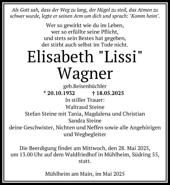 Todesanzeige von Elisabeth Wagner von OFOP