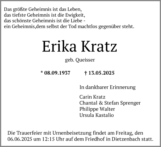 Todesanzeige von Erika Kratz von OF0L