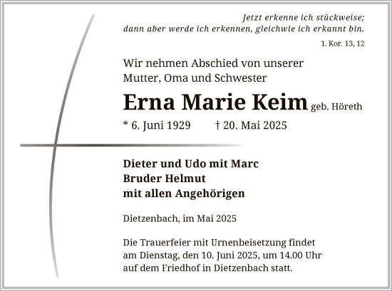 Todesanzeige von Erna Marie Keim von OF0L