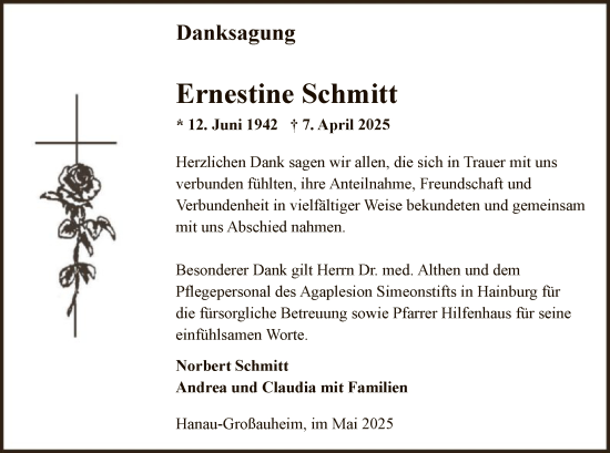 Todesanzeige von Ernestine Schmitt von OF