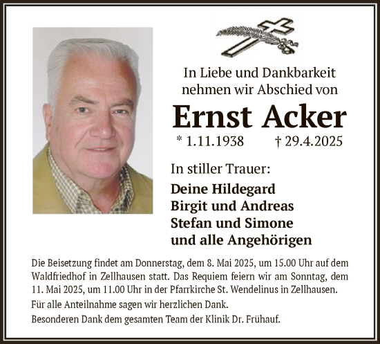 Todesanzeige von Ernst Acker von OF