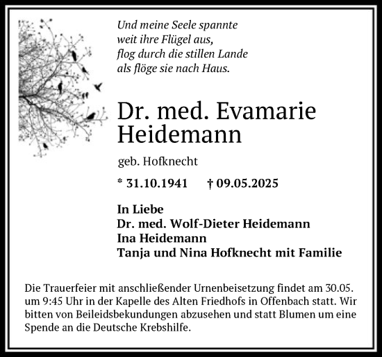 Todesanzeige von Evamarie Heidemann von OFOP
