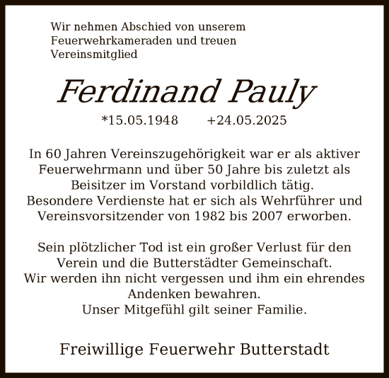 Todesanzeige von Ferdinand Pauly von OFHA