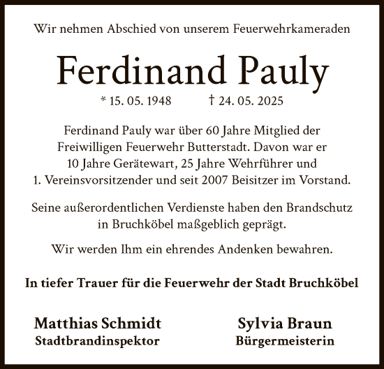 Todesanzeige von Ferdinand Pauly von OFHA