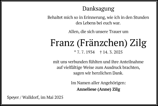 Todesanzeige von Franz Zilg von OFMF