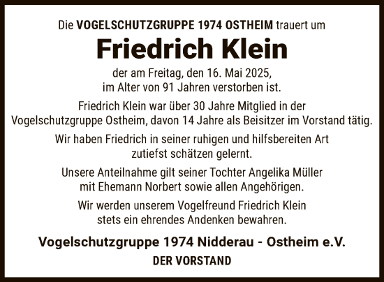 Todesanzeige von Friedrich Klein von OFHA