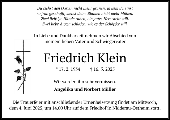 Todesanzeige von Friedrich Klein von OFHA