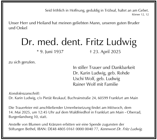 Todesanzeige von Fritz Ludwig von OF