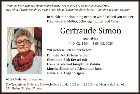 Todesanzeige von Gertraude Simon von OF