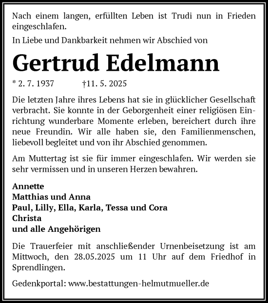 Todesanzeige von Gertrud Edelmann von OFOP