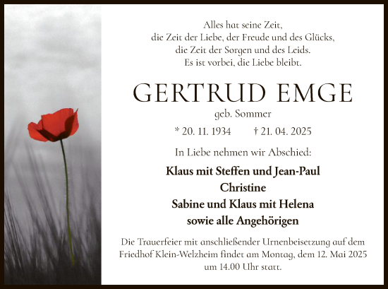 Todesanzeige von Gertrud Emge von OF