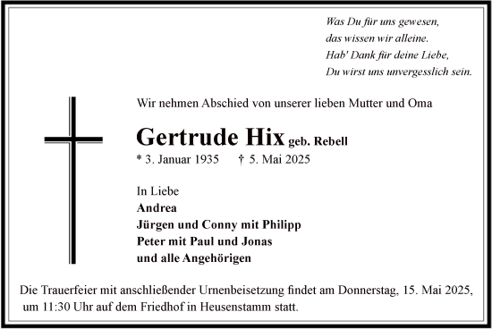 Todesanzeige von Gertrude Hix von OF