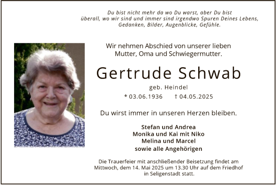 Todesanzeige von Gertrude Schwab von OF