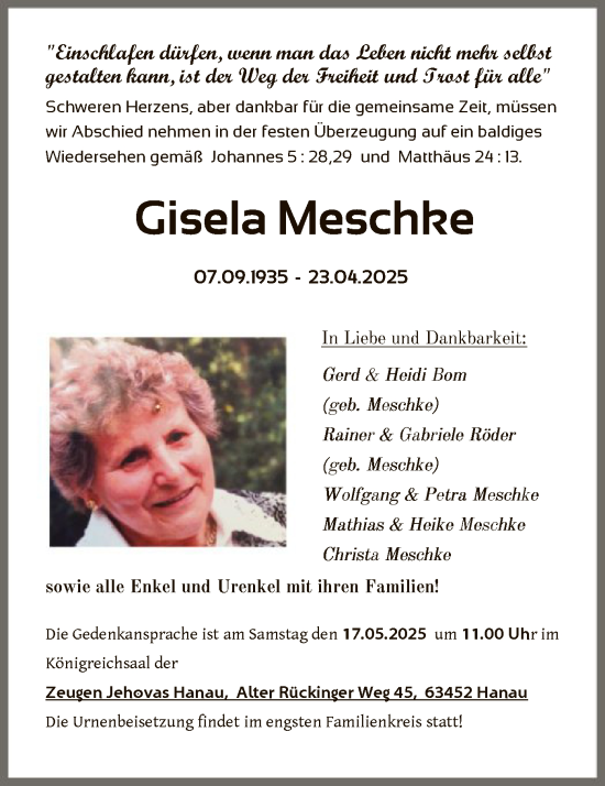 Todesanzeige von Gisela Meschke von OF