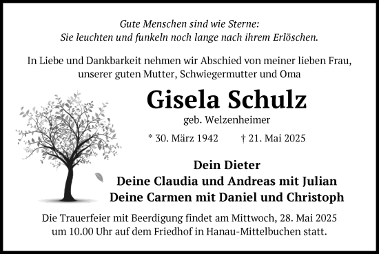 Todesanzeige von Gisela Schulz von OFHA