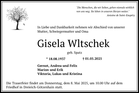 Todesanzeige von Gisela Wiltschek von OF