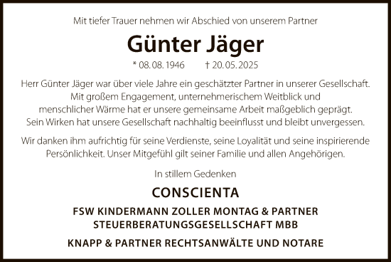 Todesanzeige von Günter Jäger von OFOP