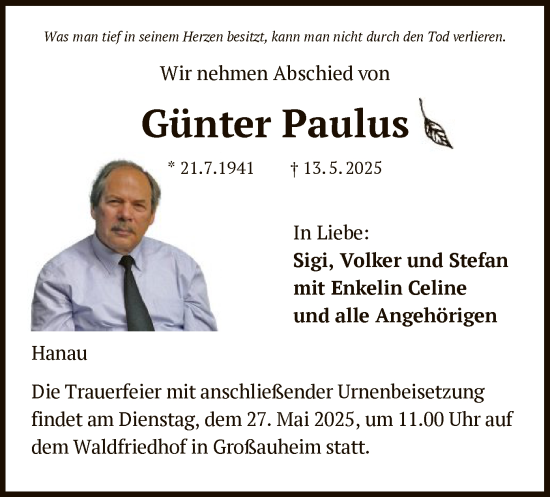 Todesanzeige von Günter Paulus von OFHA