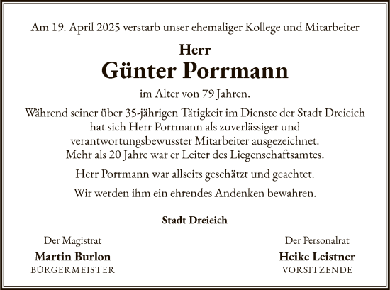 Todesanzeige von Günter Porrmann von OF